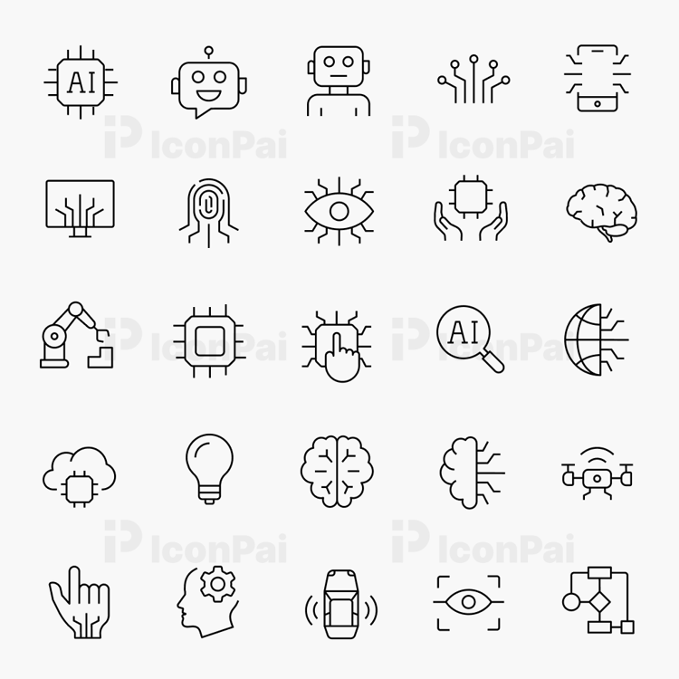 AI Intelligence Icons – Thin line style preview featuring artificial intelligence and machine learning icons.