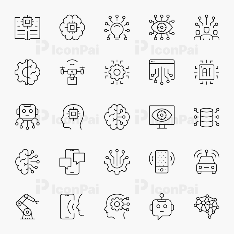 AI Network Icons – Thin line style preview of 25 artificial intelligence and network technology icons.
