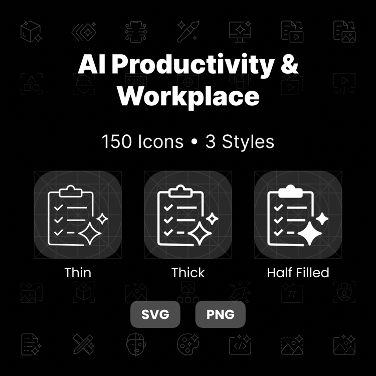 AI Productivity & Workplace Icons Pack featuring 150 professional workplace, automation, and productivity icons in three modern styles.