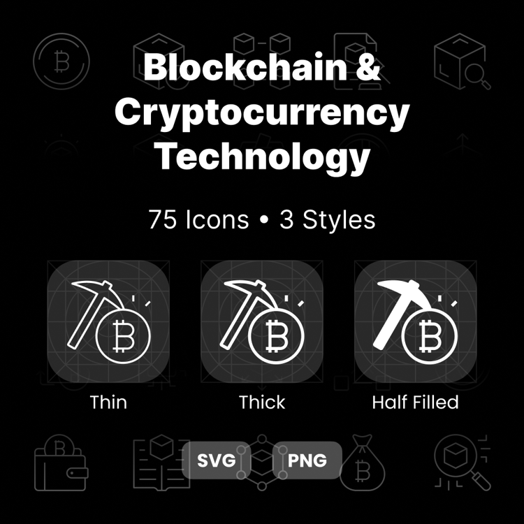 Blockchain & Cryptocurrency Icons Pack featuring 75 crypto, Web3, NFT, and fintech icons in Thin, Thick, and Half-Filled styles.