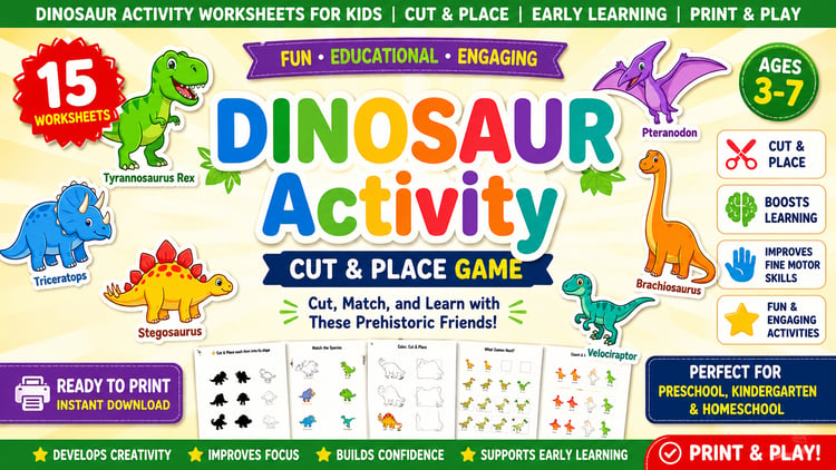 You will receive a high-quality, ready-to-print PDF featuring 15 educational worksheets. Activities include:  Cut & Place Shadow Matching: Match the dinosaur to its correct shape!  Species Sorting: Identify and categorize different prehistoric friends.  C