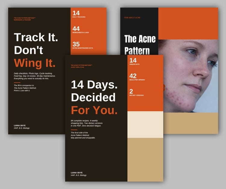 The Acne Pattern Method™ Complete System — the 14-day reset guide plus the optional 14-day done-for-you meal plan and printable workbook and tracker companion products