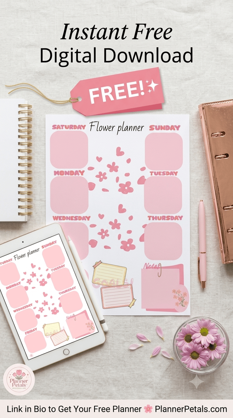 Aesthetic pink weekly planner featuring a cute flower theme layout, displayed on a printed paper and a tablet screen for iPad planning with GoodNotes. Includes sections for days of the week, goals, and notes. Text says: Instant Free Digital Download.