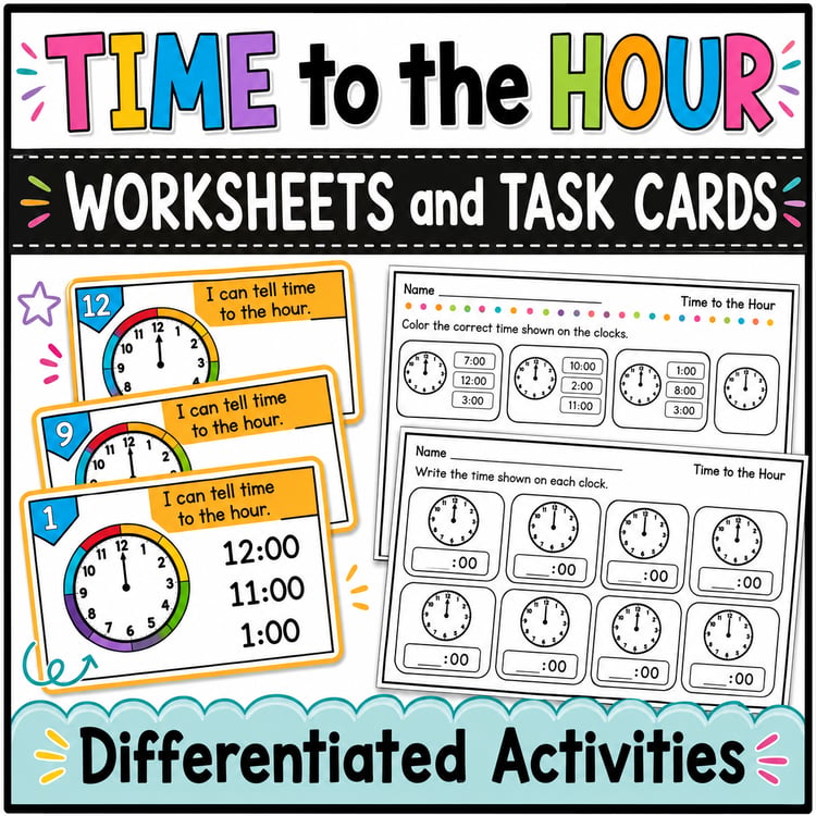 Telling Time Worksheets & Task Cards | Analog and Digital Clocks to the Hour