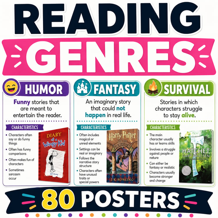 Literary Genres Posters & Anchor Charts | Reading Corner and Classroom Library Decor