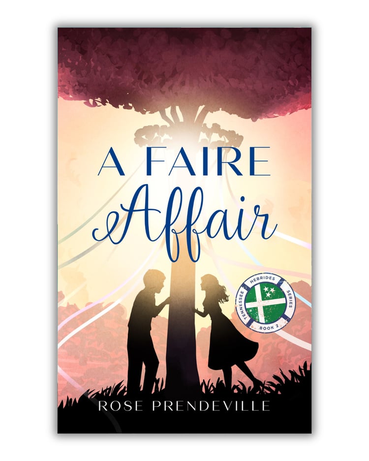 Book cover: A Faire Affair by Rose Prendeville features a man and woman on either side of a maypole at sunset.