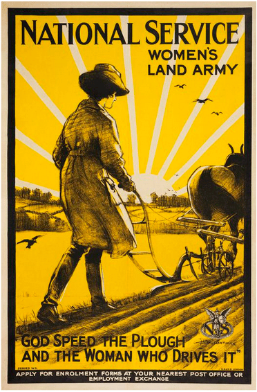 National Service - Women's Land Army poster reads: God speed the plough and the woman who drives it.