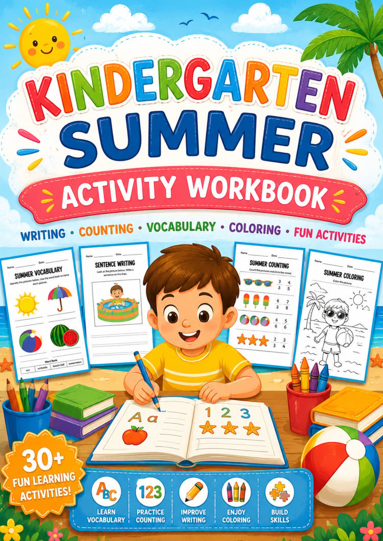 Colorful Kindergarten Summer Activity Workbook featuring writing, counting, vocabulary, coloring, and fun educational activities for young children.