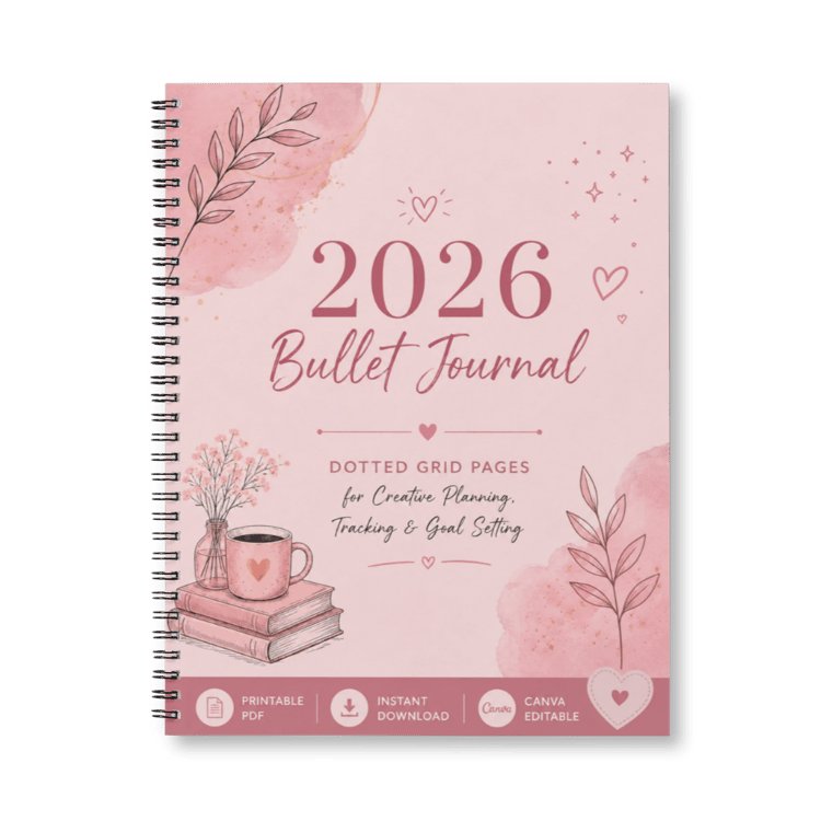 Aesthetic 2026 Bullet Journal cover page with books, a coffee mug, and flowers