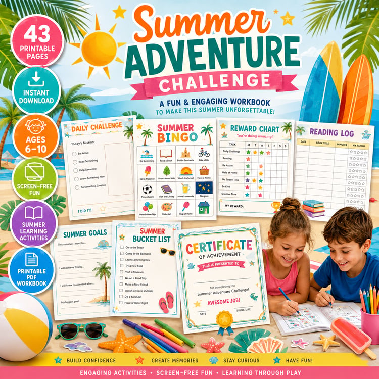 Summer Adventure Challenge – 30 Days of Fun, Creative & Screen-Free Activities for Kids Ages 6–10 | Printable PDF Workbook