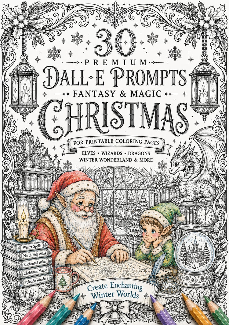Christmas Coloring Page Prompts for AI Art – 30 festive DALL·E prompts for printable Christmas coloring books.