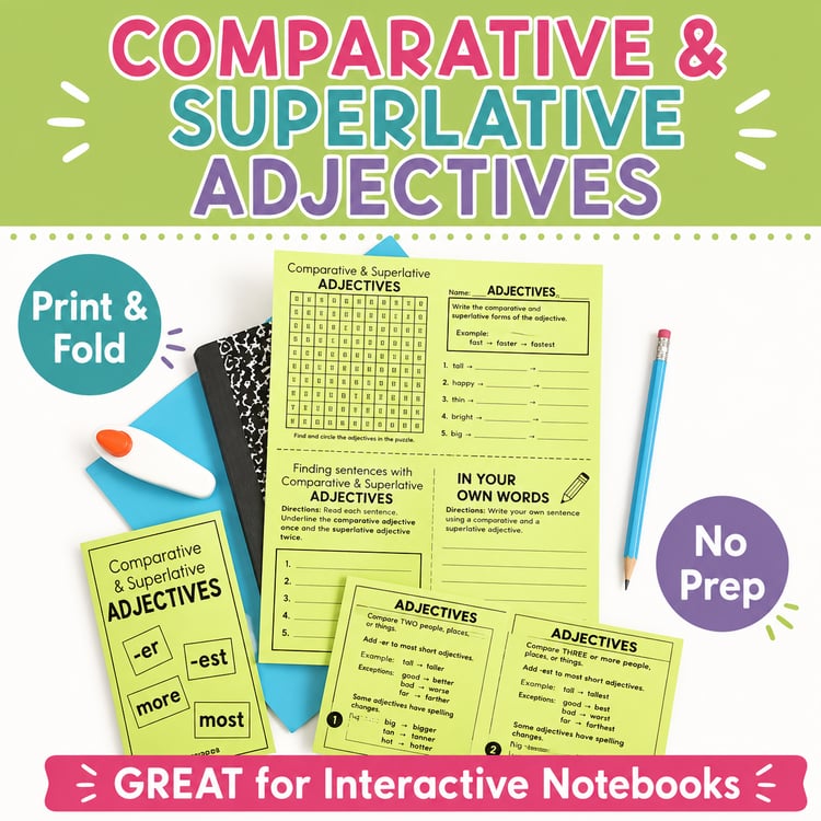 Comparative & Superlative Adjectives Worksheet | Print-and-Fold Grammar Booklet