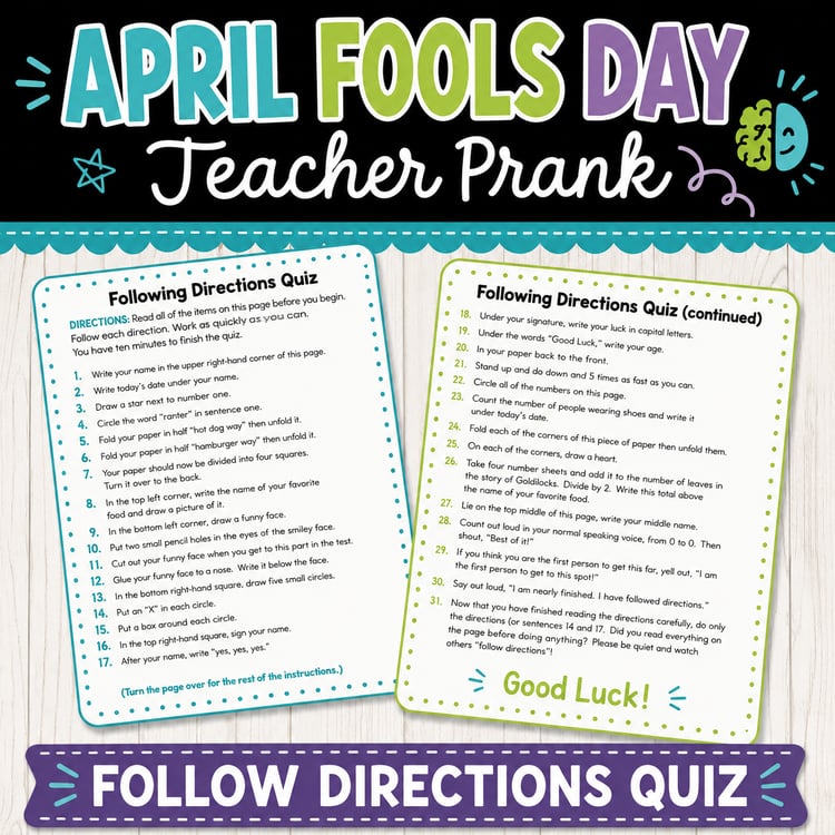 April Fools’ Day Following Directions Quiz | Fun Teacher Prank Activity