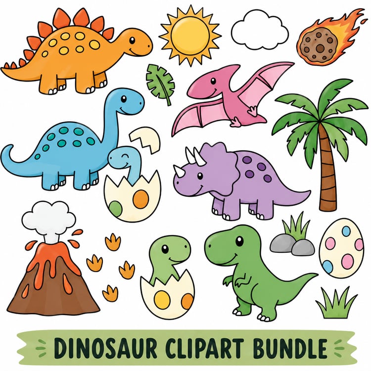 Cute Dinosaur Clipart Bundle | 17 Dinosaur Graphics with Black & White Versions