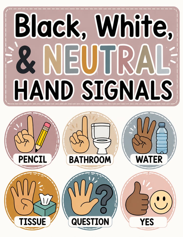 Hand Signals Posters | Black, White & Neutral Classroom Decor