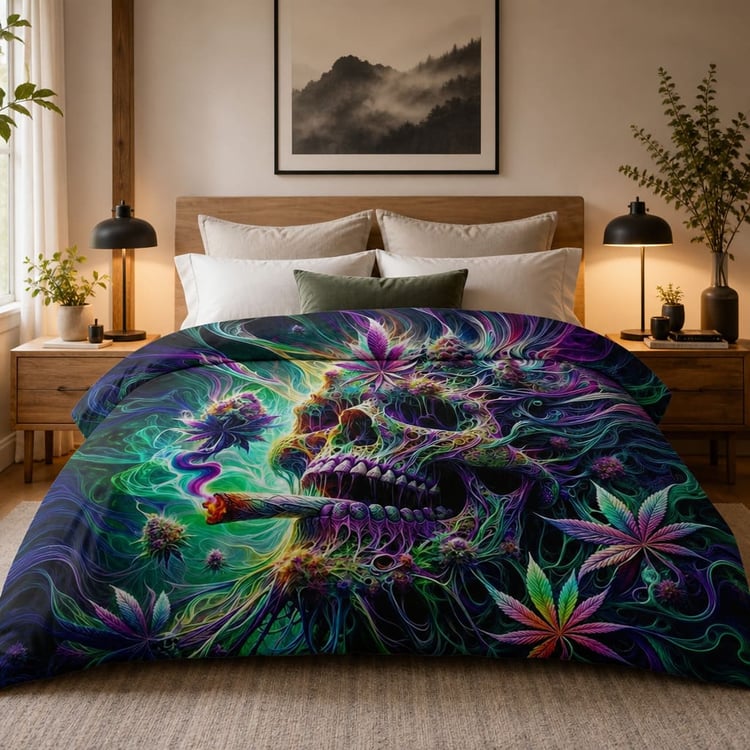 Smoking 420 Skull Duvet – Edgy Stoner Bedroom Vibes