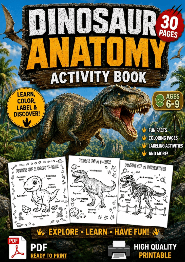 Printable dinosaur anatomy coloring page showing parts of a Parasaurolophus and Iguanodon in a vintage field journal style."