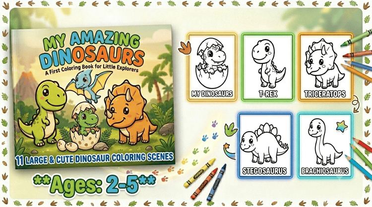 "Marketing display for a kids printable dinosaur coloring book. On the left is the colorful book cover. On the right are five framed black and white coloring page samples featuring a hatching baby dinosaur, a T-Rex, a Triceratops, a Stegosaurus, and a Br
