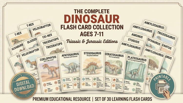 "Promotional graphic for The Complete Dinosaur Flash Card Collection for Ages 7-11, featuring Triassic and Jurassic Editions. A fanned-out display of educational dinosaur flashcards with watercolor illustrations is shown in the center. Badges in the bot