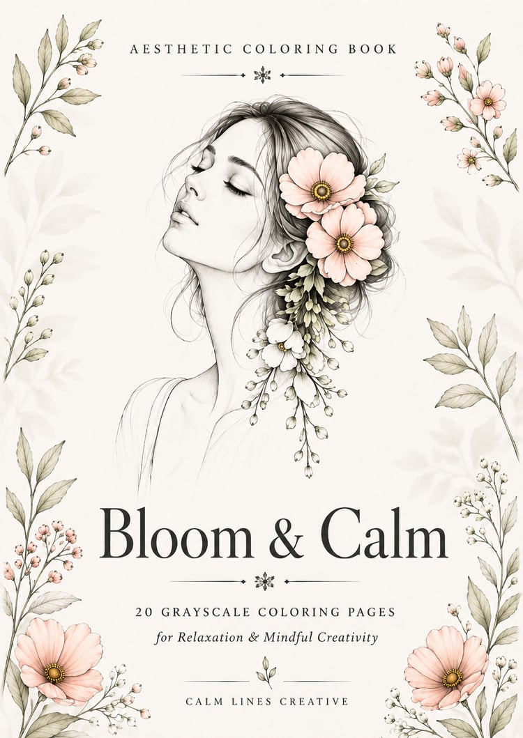 Bloom and Calm printable floral coloring book cover with elegant woman, flowers and botanical details, featuring 20 black-and-white line art coloring pages for adults and teens.