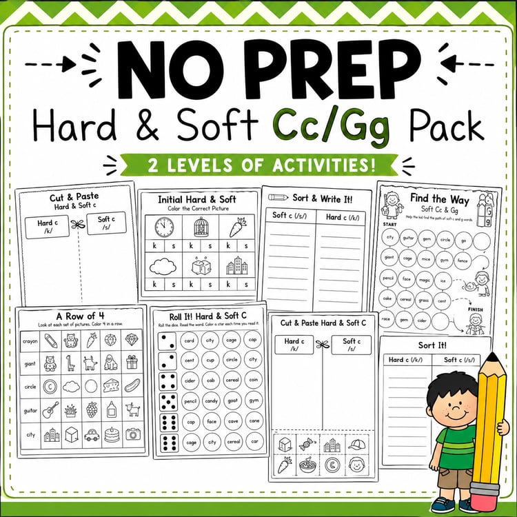 Hard & Soft C and G Activities | No-Prep Phonics Practice Pack