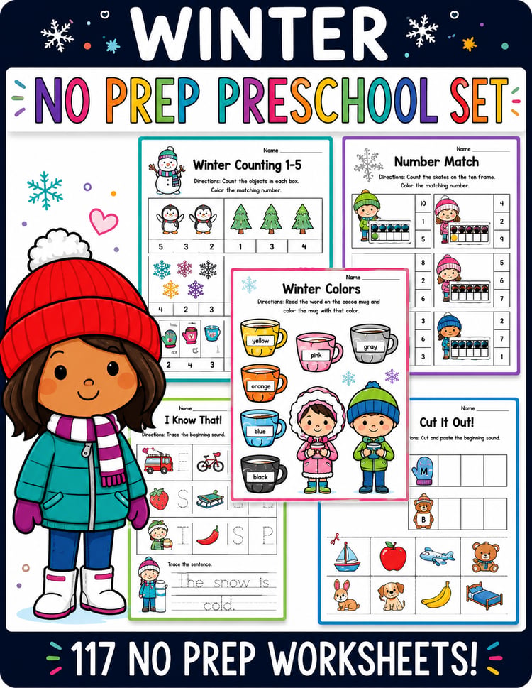 Snow Day Packet | Winter Color, Math & Literacy Activities for Preschool & Kindergarten