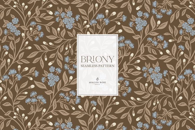 Vintage-inspired farmhouse style seamless surface pattern featuring intertwined climbing florals and leaves in blue and brown