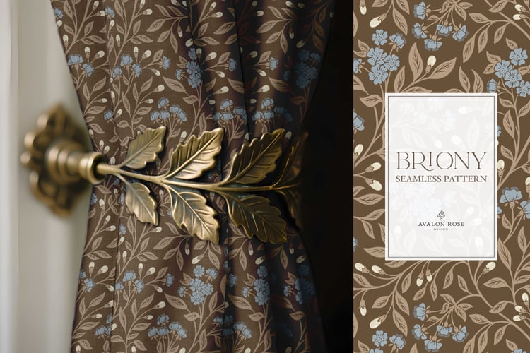 Vintage-inspired farmhouse style seamless surface pattern featuring intertwined climbing florals and leaves in blue and brown