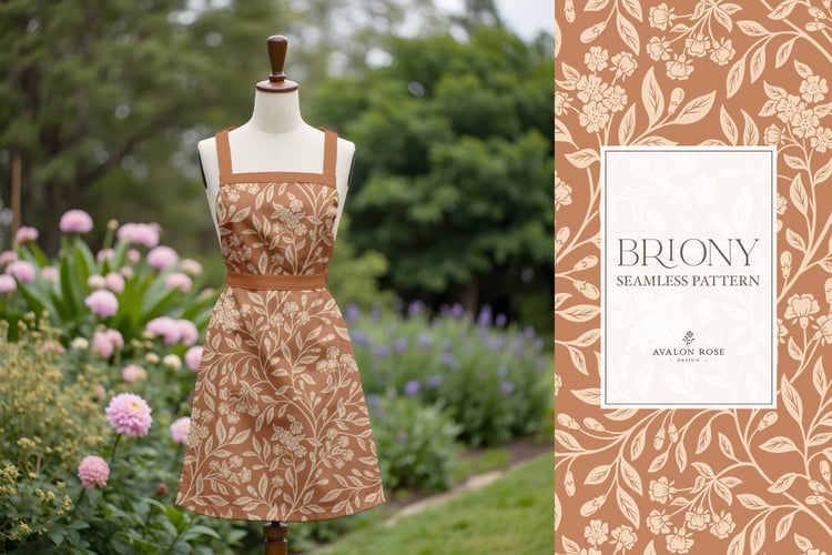 Vintage-inspired farmhouse style seamless surface pattern featuring intertwined climbing florals and leaves in terracotta
