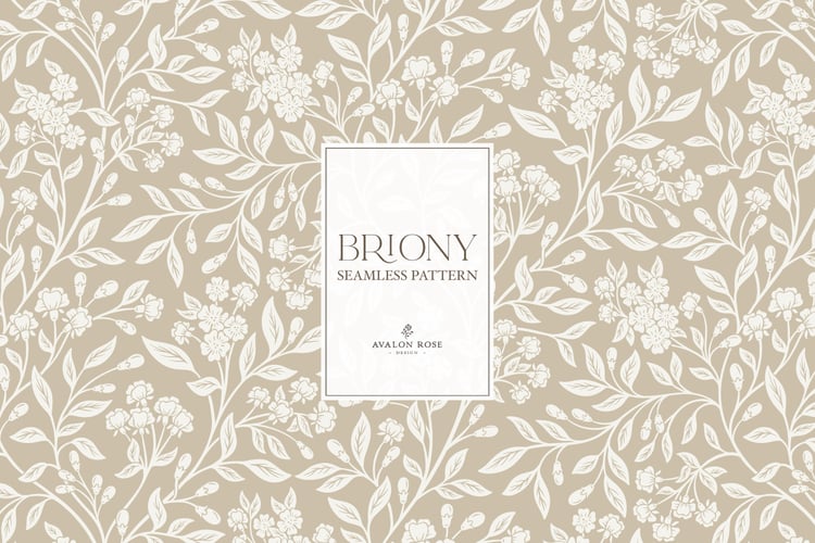 Vintage-inspired farmhouse style seamless surface pattern featuring intertwined climbing florals and leaves in tan and cream