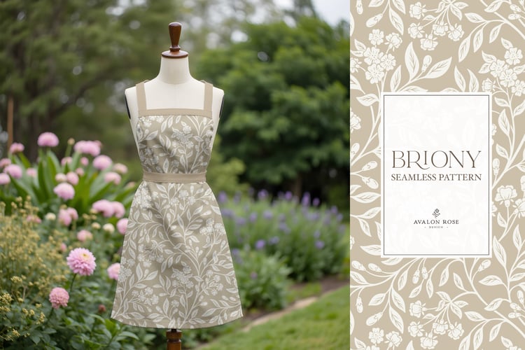 Vintage-inspired farmhouse style seamless surface pattern featuring intertwined climbing florals and leaves in tan and cream