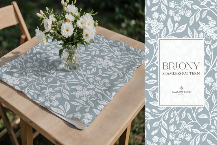 Vintage-inspired farmhouse style seamless surface pattern featuring intertwined climbing florals and leaves in pale blue and gray