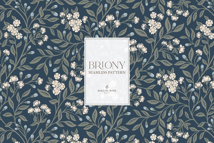 Vintage-inspired farmhouse style seamless surface pattern featuring intertwined climbing florals and leaves in navy, blue, cream, and green