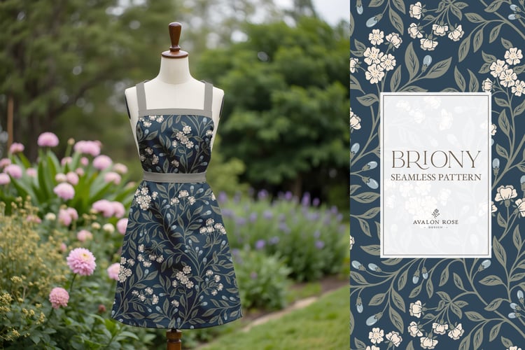 Vintage-inspired farmhouse style seamless surface pattern featuring intertwined climbing florals and leaves in navy, blue, cream, and green