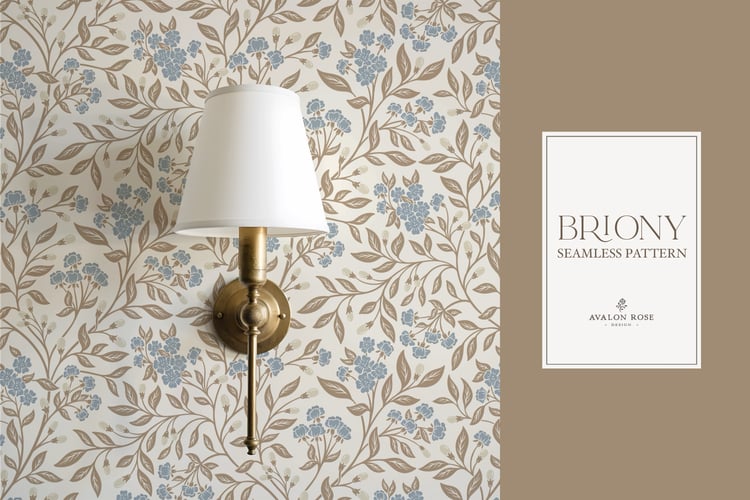Vintage-inspired farmhouse style seamless surface pattern featuring intertwined climbing florals and leaves in blue, cream, and beige