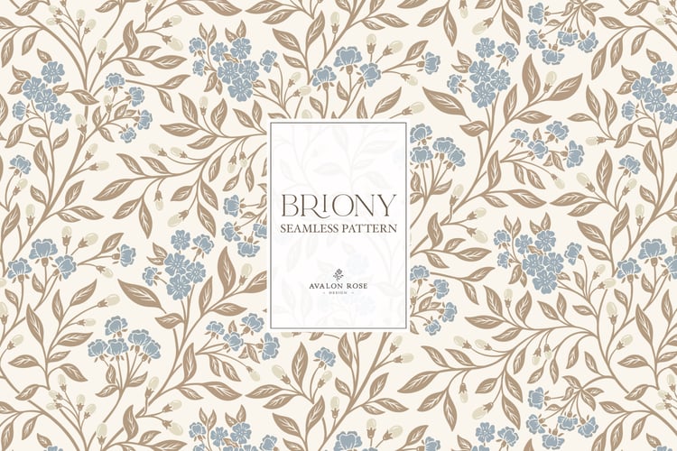 Vintage-inspired farmhouse style seamless surface pattern featuring intertwined climbing florals and leaves in blue, cream, and beige