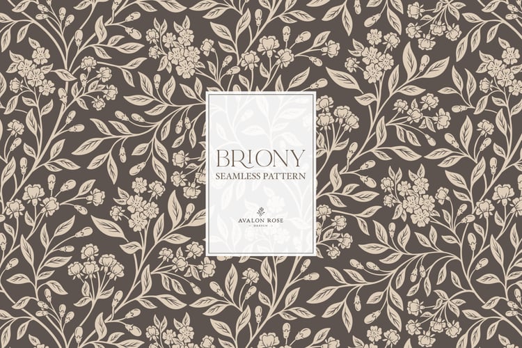 Vintage-inspired farmhouse style seamless surface pattern featuring intertwined climbing florals and leaves in dark brown