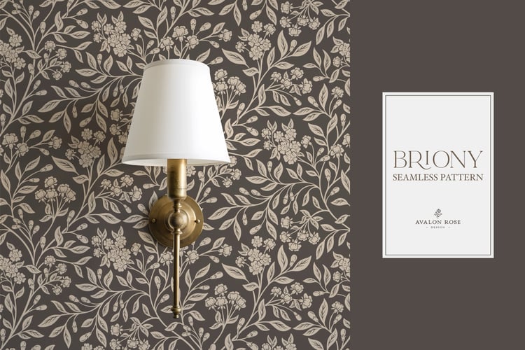 Vintage-inspired farmhouse style seamless surface pattern featuring intertwined climbing florals and leaves in dark brown