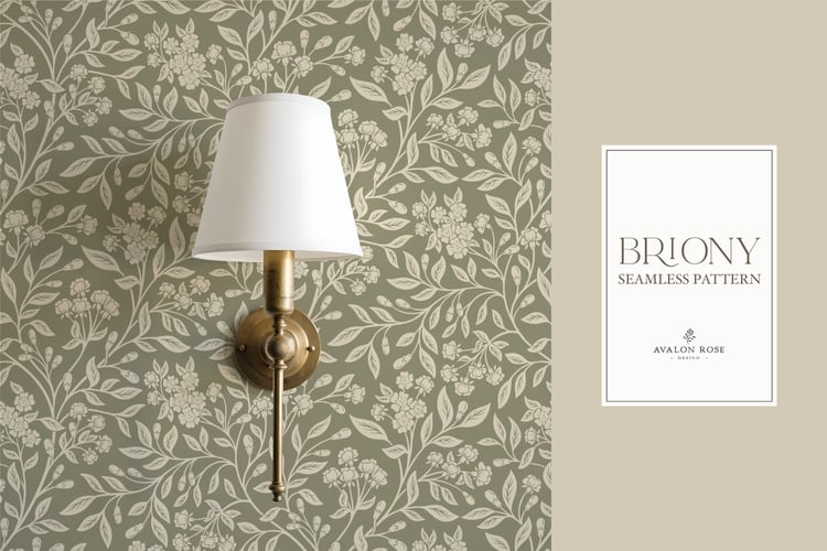 Vintage-inspired farmhouse style seamless surface pattern featuring intertwined climbing florals and leaves in sage green