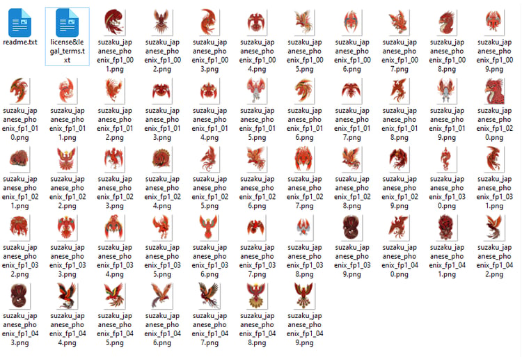 Collection of 48 Suzaku Japanese phoenix tattoo flash designs featuring traditional irezumi artwork, mythical bird motifs, and detailed tattoo reference illustrations.