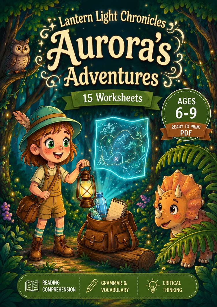 **Alt Text:**  *Colorful childrens educational workbook cover featuring Aurora, a young explorer, standing in a magical forest with a lantern, adventure map, backpack, and a friendly baby Triceratops dinosaur. The cover highlights 15 printable worksheets