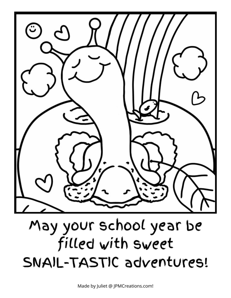 Cute Snail SNAIL-TASTIC Adventures Back To School Coloring Page (With Text)