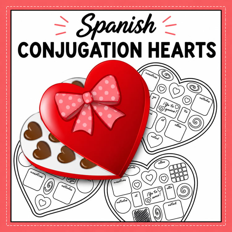 Spanish Valentine's Day Conjugation Hearts | Editable Any Tense Activity