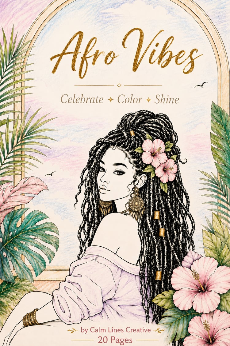 Afro Vibes printable coloring book cover featuring beautiful Black women for adults.