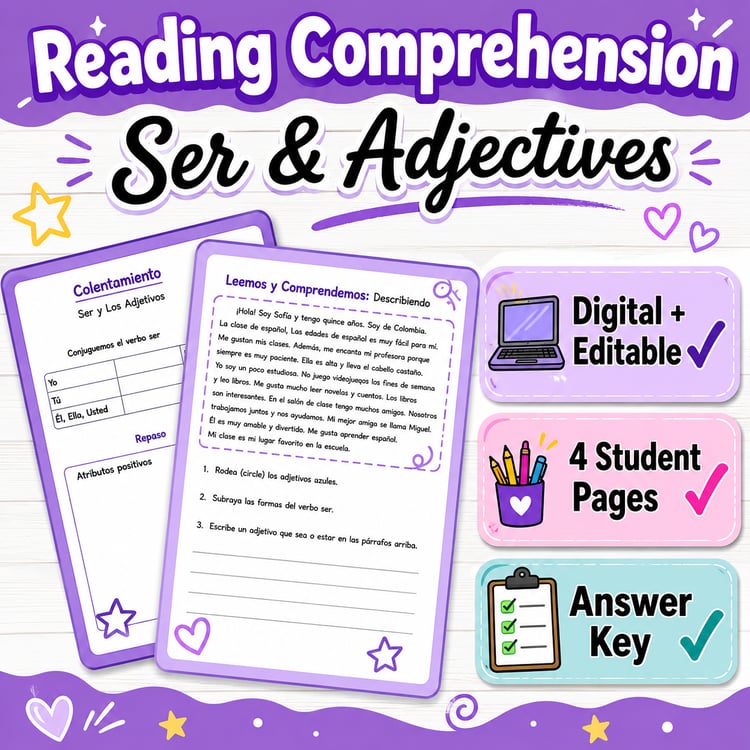 Editable Spanish Ser & Adjectives Activities | Subject Pronouns Reading Practice
