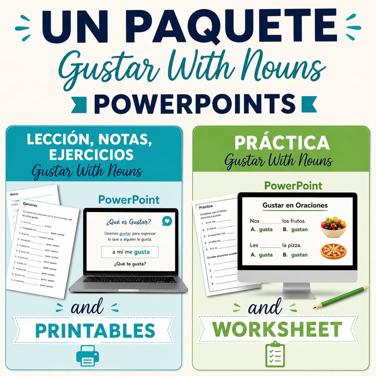 Spanish Gustar with Nouns Bundle | Lesson & Practice Activities