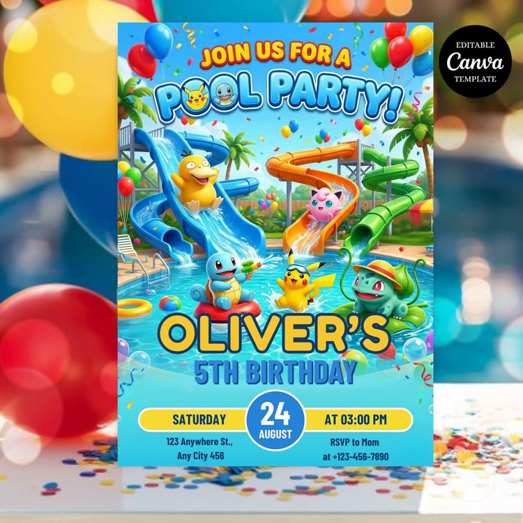 Pokemon pool party birthday invitation template editable in Canva with colorful summer party design