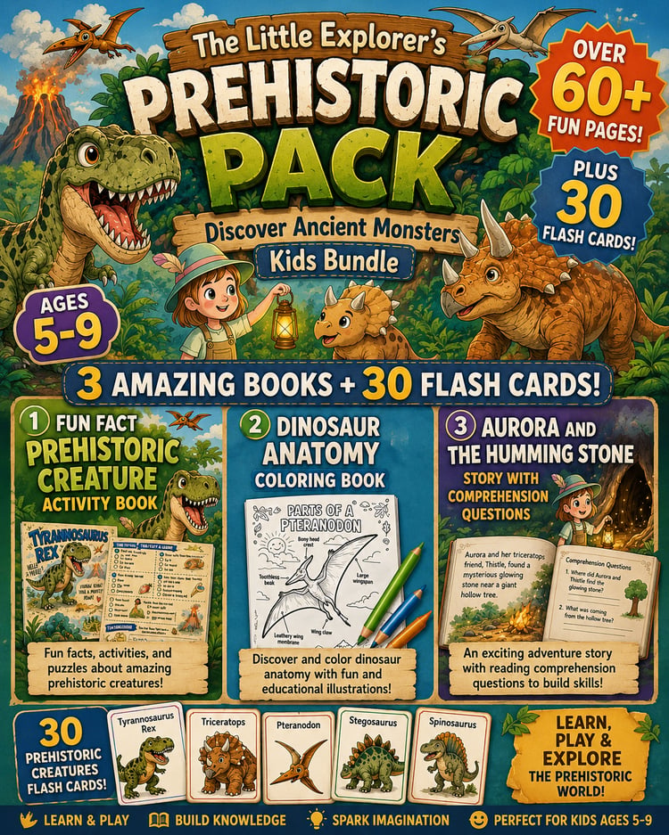 Colorful dinosaur-themed educational bundle cover featuring a young explorer named Aurora, friendly dinosaurs, over 60 printable activity pages, a dinosaur anatomy coloring book, a prehistoric adventure story with comprehension questions, and 30 prehistor
