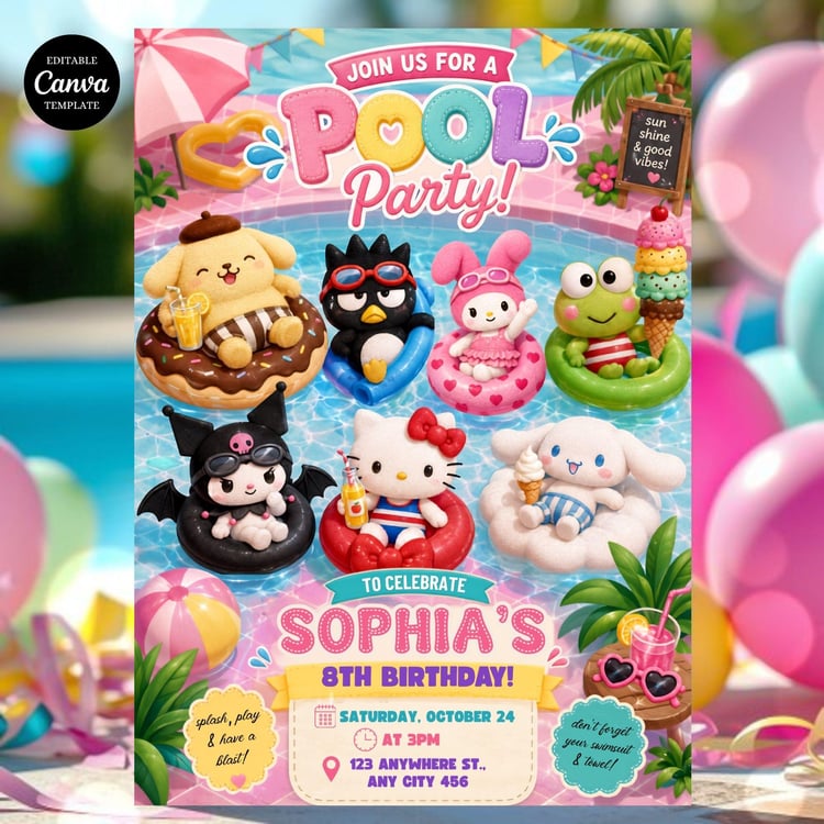 Hello Kitty Pool Party Birthday Invitation Template with colorful Sanrio characters and summer pool party theme.