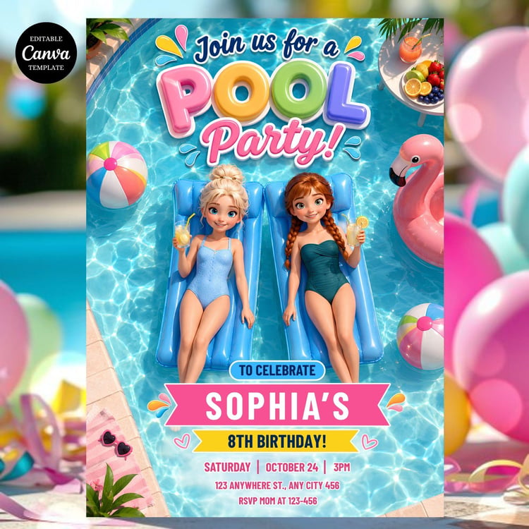 Editable Frozen summer pool party invitation template featuring Elsa and Anna birthday party design